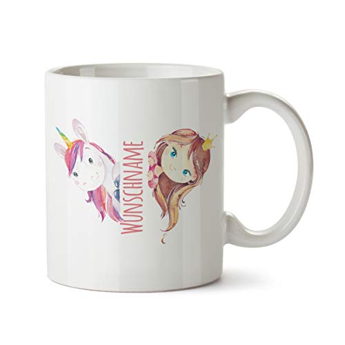 Partycards Keramik Tasse mit Einhorn und Prinzessin Motiv, 330 ml, Blau - Einhorn Geschenke für Mädchen, Geschenk für Frauen, Tasse mit Namen personalisiert, Einhorn Tasse Mädchen von Partycards