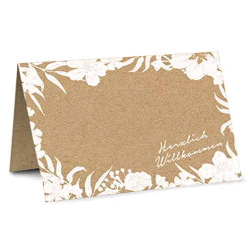 Partycards Tischkarten Hochzeit Vintage, DIN A7 Weiß Druck mit Blumen, 50 Stück, Bereits Genutet, Herzlich Willkommen, Ideal für Tischkarten Geburtstag, Namensschilder Hochzeit von Partycards