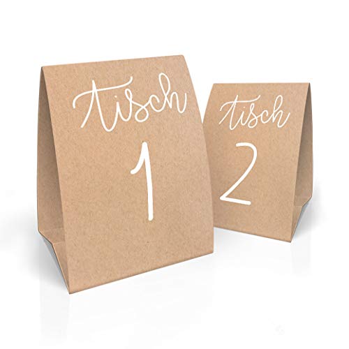 Partycards Tischnummern Kraftpapier, 18 x 16cm, Tischnummer 13-24 für für Hochzeit, Geburtstag, Kommunion, Taufe von Partycards