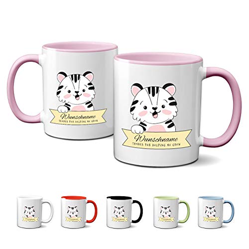 Partycards personalisierte Tasse mit Namen und Katze Kindertasse Danke Kita Erzieherin Lehrerin Kaffeetasse Rosa Keramik 330ml von Partycards