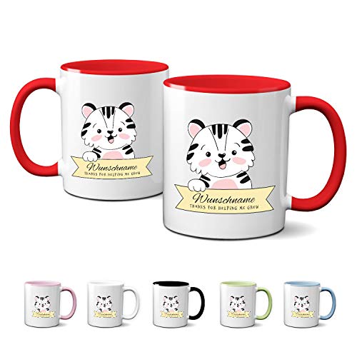 Partycards personalisierte Tasse mit Namen und Katze Kindertasse Danke Kita Erzieherin Lehrerin Kaffeetasse Rot Keramik 330ml von Partycards