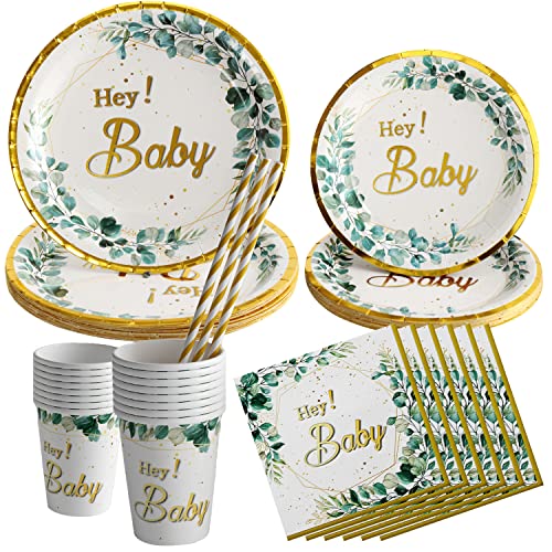 Babyparty Deko Partygeschirr Set für 20 Gäste,100 Stück Baby Shower Eukalyptus Pappteller Neutral Geschirr Teller Set Servietten Papierteller Becher Strohhalme,Babyparty Deko Junge Mädchen von Partyhausy
