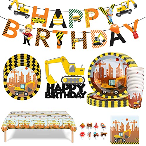 Partyhausy 91Stück Baustelle Partygeschirr Geburtstag Deko, Bagger pappteller Geburtstagsdeko Baustelle Kindergeburtstag Partyset von Partyhausy