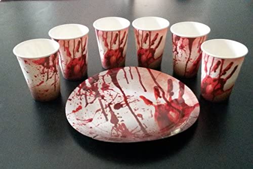 Halloween Horror Deko Papp Geschirr - Papp-Teller und Papp-Becker Set für 8 Gäste - Blutige Hand und Blutspritzer - Horror Design - Partyausstattung und Dekoration von Partyloon