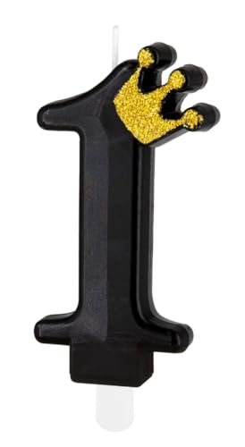 Partypal Schwarze Zahlenkerze mit Goldener Krone und Steckfuß | ca. 9cm x 5cm | Schwarz Tortendeko Geburtstag Geburtstagskerze Zahlen Kerze Zahl Kerzen, Farbe: Schwarz, Größe: Zahl 1 von Partypal