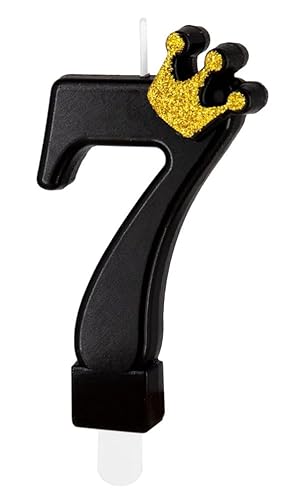 Partypal Schwarze Zahlenkerze mit Goldener Krone und Steckfuß | ca. 9cm x 5cm | Schwarz Tortendeko Geburtstag Geburtstagskerze Zahlen Kerze Zahl Kerzen, Farbe: Schwarz, Größe: Zahl 7 von Partypal