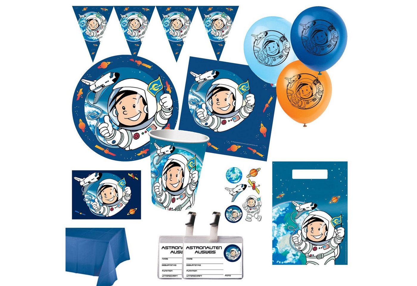 Partystrolche Einweggeschirr-Set XXL Partyset Astronaut 78 tlg, Kindergeburtstag Weltraum Deko, 8 Personen, XXL Partyset mit Tischdeko und Mitgebseln von Partystrolche