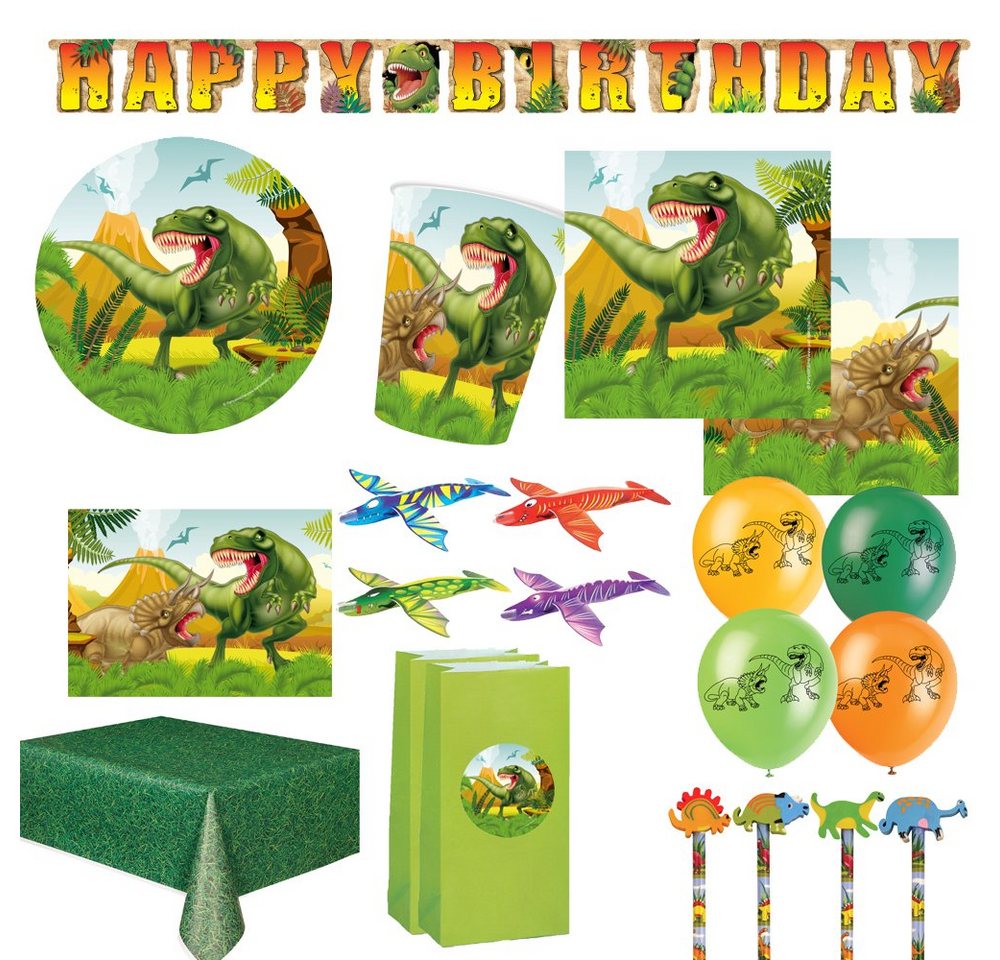 Partystrolche Einweggeschirr-Set XXL Partyset Dino-Party Deko Kindergeburtstag Dinosaurier, 82 tlg., 8 Personen, Partyset Dinosaurier für 8 Personen von Partystrolche