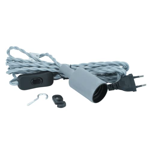 Parus by Venso E27 Lampenfassung Helix 4m Textilkabel Grau, Eurostecker, Venso Ecosolutions Lampenfassung E27 mit Kabel für E27 LED Lampe, Bulb Holder, Kabel für Lampe, Fassung E27 von Parus by Venso
