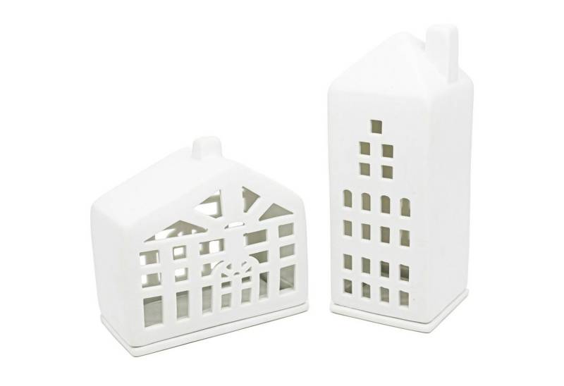 Parusia Windlicht Lichthaus 2er Set aus matt glasierter, weißer Keramik Dänisches Design, Fachwerkhaus und Wohnhaus mit Kerzenteller, Deko von Parusia