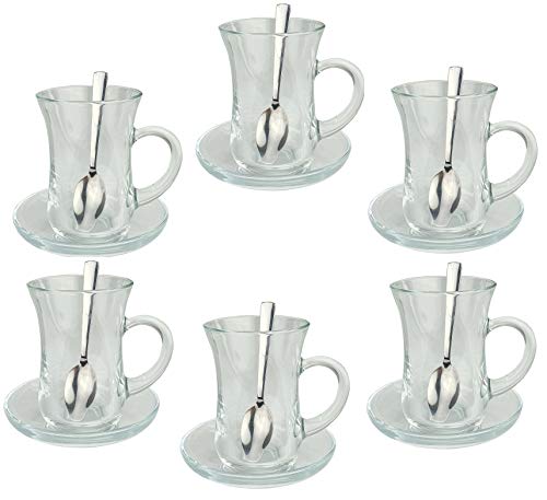 Orginal türkisches Tee Set Teeset 'KULP'/ 6 klassische Gläser mit Henkel von Pasabahce/ 6 Rührlöffel (Marke PROUD)/ 6 Untersetzer von Pasabahce