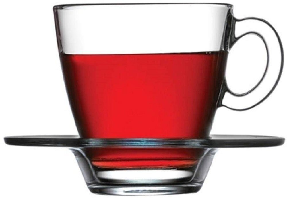 Pasabahce Teeglas 12 tlg Teeglas mit Unterteller Capuccino Glas Kaffe Latte Trinkglas Gläserset Cay Bardagi Cay Seti, 6x Teeglas, 6x Untertasse von Pasabahce