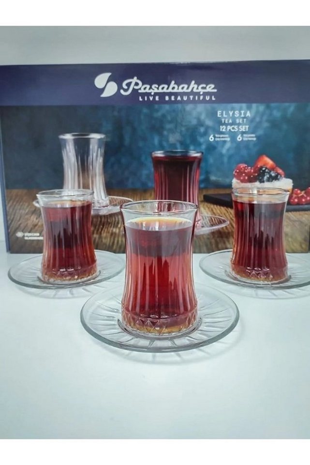 Pasabahce Teeglas Elysia, Glas, Teeglas Set 12 Teilig mit Untertassen von Pasabahce