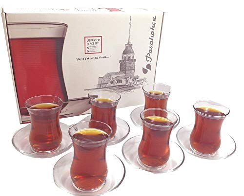 Pasabahce Üsküdar Türkische Teegläser und Untertassen Set - 6 Gläser und 6 Untertassen von Pasabahce