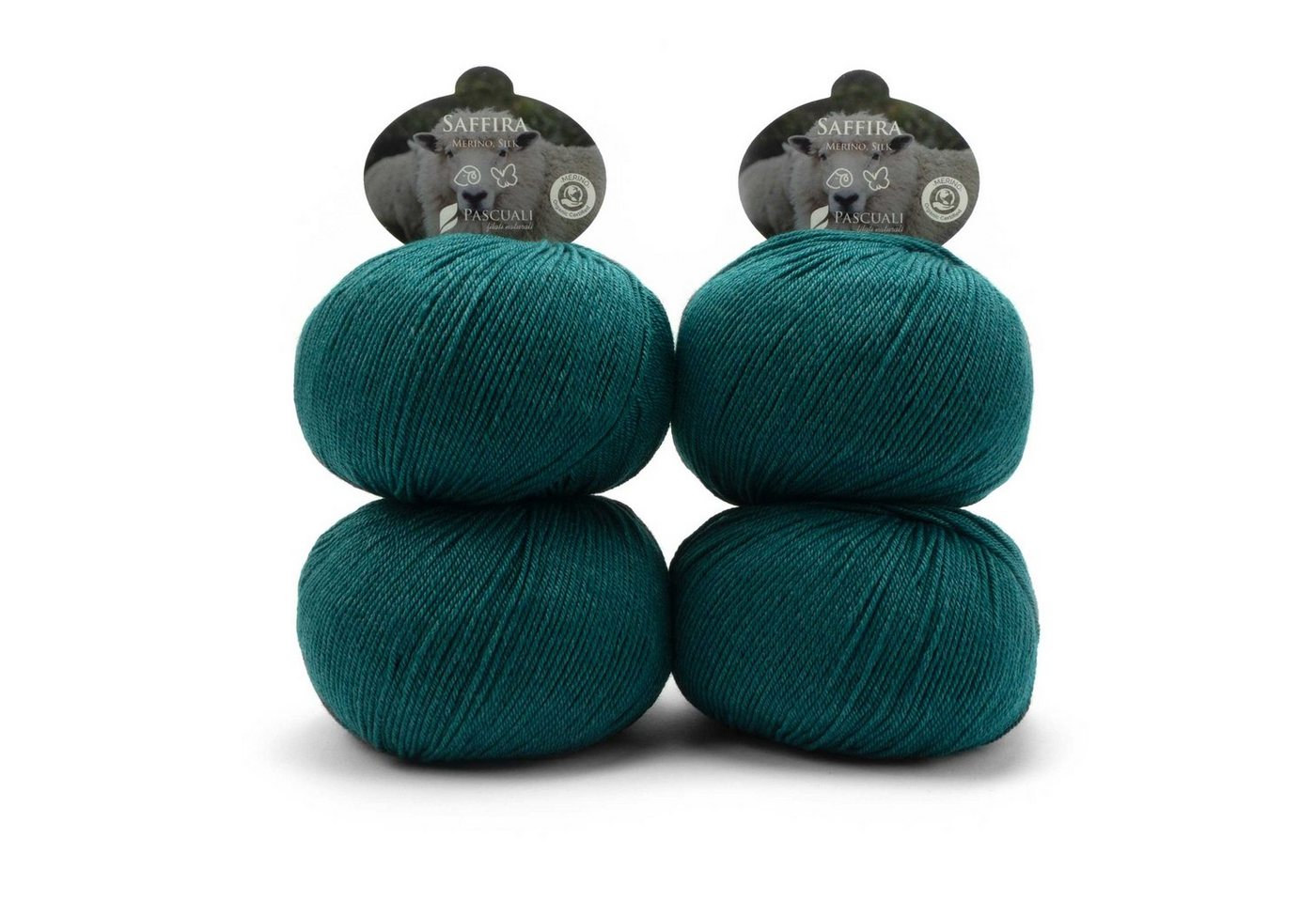 Pascuali 4 x 50g Pascuali Saffira 75% Schurwolle (Bio Merino ultrafine), 25% Seide (Maulbeerseide) Wolle zum Stricken und Häkeln Häkelwolle von Pascuali