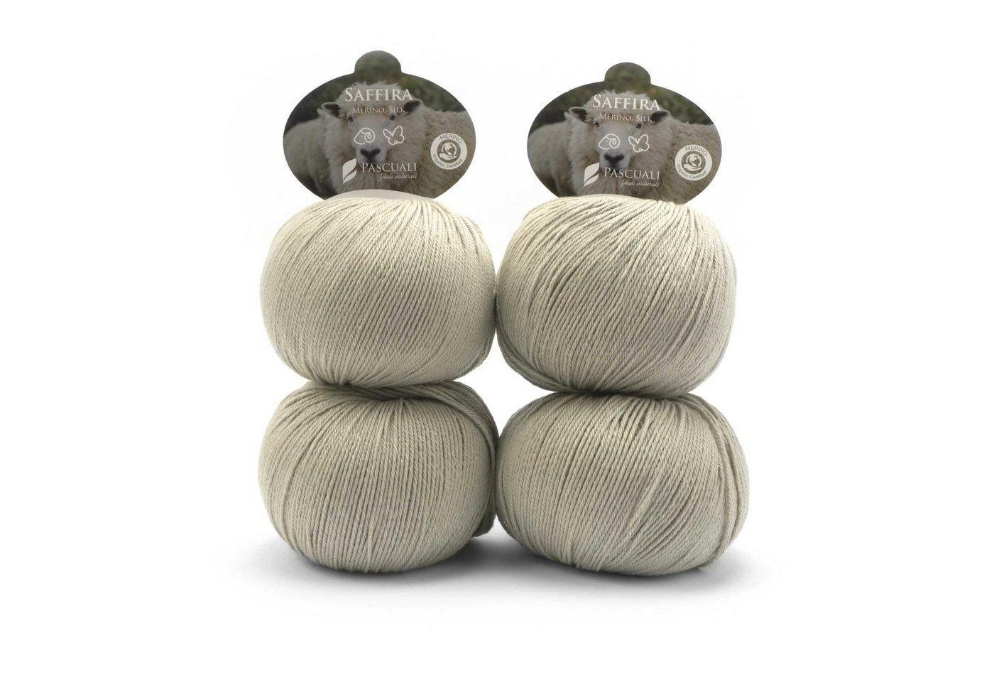 Pascuali 4 x 50g Pascuali Saffira 75% Schurwolle (Bio Merino ultrafine), 25% Seide (Maulbeerseide) Wolle zum Stricken und Häkeln Häkelwolle von Pascuali