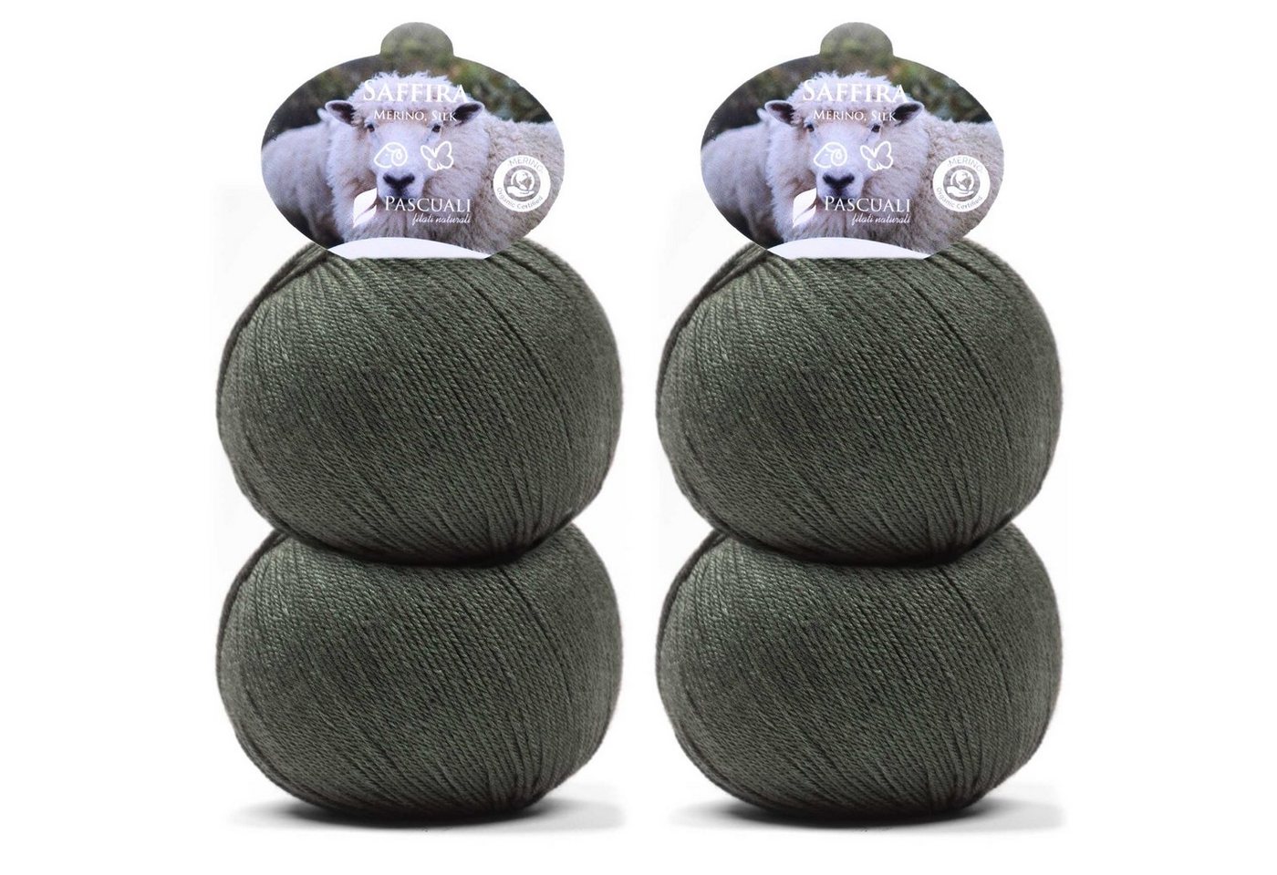 Pascuali 4 x 50g Pascuali Saffira 75% Schurwolle (Bio Merino ultrafine), 25% Seide (Maulbeerseide) Wolle zum Stricken und Häkeln Häkelwolle von Pascuali