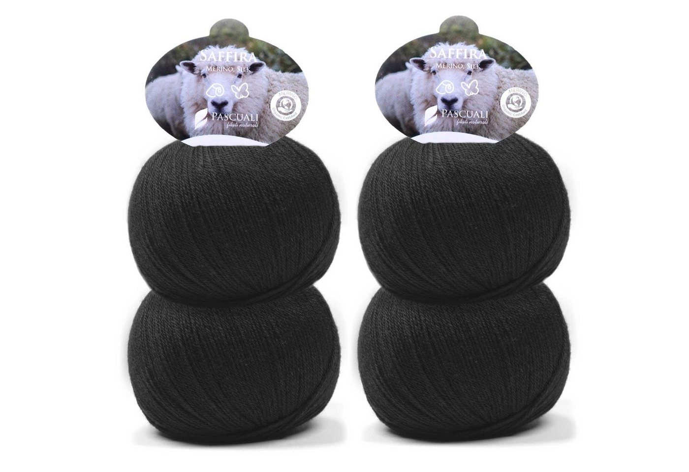 Pascuali 4 x 50g Pascuali Saffira 75% Schurwolle (Bio Merino ultrafine), 25% Seide (Maulbeerseide) Wolle zum Stricken und Häkeln Häkelwolle von Pascuali