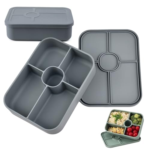 Pasdrucn 1Pcs Silikon-Lunchbox Mit 5 Fächern, Bento Box Aus Silikon, Silikon-Lebensmittel-Aufbewahrungsbehälter-Set, Lässig Brotdose, Lunchbox Kinder, Brotdose Mit Fächern (Grau) von Pasdrucn