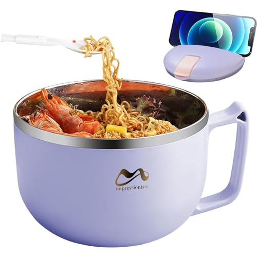 Pasdrucn Instant-Nudeln Schüssel mit süßen Aufklebern, 900ML Auslaufsicher Nudelschale Edelstahl, Bento-Box RamenSchüssel Mit Deckel Und Griff, Küchenzubehör Für Gemüse, Obst, Ramen (Lila,900ML) von Pasdrucn