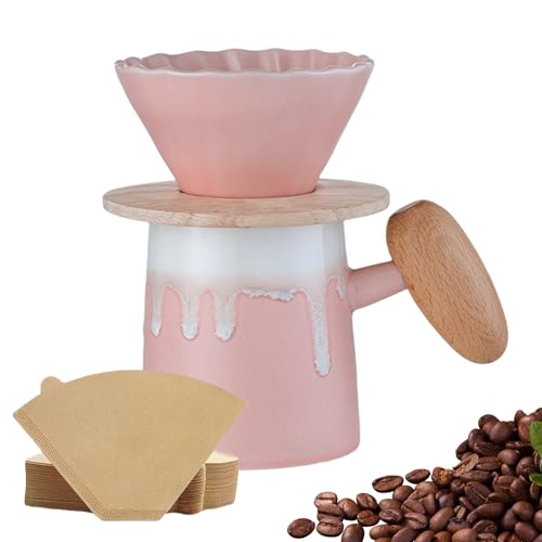 Pasdrucn Kaffeefilter Wiederverwendbar, Kaffeefilter Porzellan Mit Tasse Set, Kaffeekanne Mit Filter, Pour Over Kaffee-Tropfer, Pour Over Kaffeebereiter Mit Keramikbecher ür Zuhause, Café (Rosa) von Pasdrucn