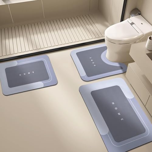 Pasdrucn Kieselgur Badematte Rutschfester,Badteppich rutschfest Waschbar Badvorleger Set, Absorbierender Badezimmerteppich Set 3 Teilig,Wc Teppich,Badematte Und U Förmige Wc Vorleger (Blau) von Pasdrucn