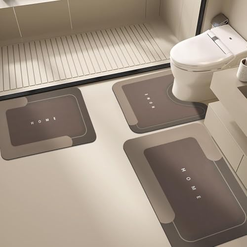 Pasdrucn Kieselgur Badematte Rutschfester,Badteppich rutschfest Waschbar Badvorleger Set, Absorbierender Badezimmerteppich Set 3 Teilig,Wc Teppich,Badematte Und U Förmige Wc Vorleger (Braun) von Pasdrucn