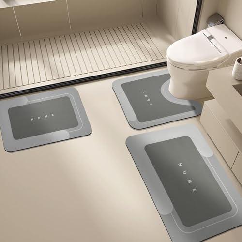 Pasdrucn Kieselgur Badematte Rutschfester,Badteppich rutschfest Waschbar Badvorleger Set, Absorbierender Badezimmerteppich Set 3 Teilig,Wc Teppich,Badematte Und U Förmige Wc Vorleger (Dunkelgrau) von Pasdrucn