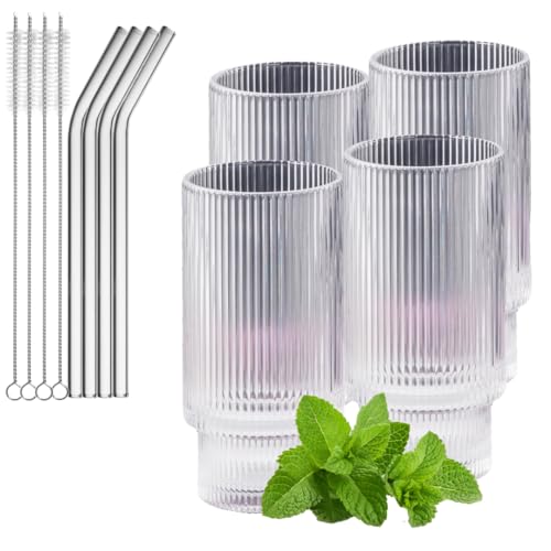 Pash Home Geriffeltes Glas [4er Set Gläser 310ml] inkl. Strohhalm und Reinigungskit, Gerippte, Riffel, Ribbed Trinkgläser Set/Wassergläser Set für Cocktail, Longdrink, Latte Macchiato, Eiskaffee von Pash