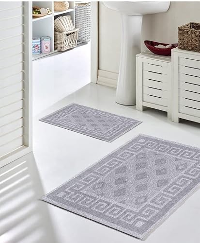 Pasha Home 2er und 1er Pack Badematte 2 Stück 40 x 60 cm Spring Grau/Badteppich aus Baumwolle/weicher Badvorleger rutschfest waschbar/moderner Badvorleger für Badezimmer, Dusche oder Küche von Pasha Home