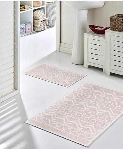 Pasha Home 2er und 1er Pack Badematte 2 Stück 50 x 80 cm Winter Beige/Badteppich aus Baumwolle/weicher Badvorleger rutschfest waschbar/moderner Badvorleger für Badezimmer, Dusche oder Küche von Pasha Home
