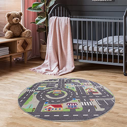 Pasha Home Kinderteppich 120 cm Rund/Autoteppich aus Polyester- und Flanellfasern/Teppiche fürs Kinderzimmer antirutsch und schmutzabweisend/Spielteppich mit Straßenmotiv waschbar von Pasha Home