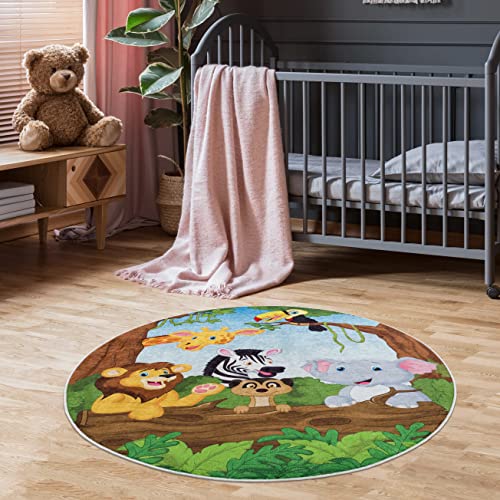 Pasha Home Kinderteppich 120 cm Rund Animals/Kinder Spielteppiche aus Polyester- & Flanellfasern/Teppiche fürs Kinderzimmer antirutsch & schmutzabweisend/Spielteppich Zoo waschbar von Pasha Home