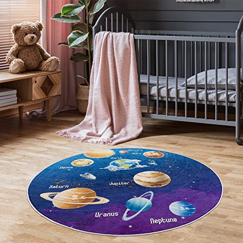 Pasha Home Kinderteppich 120 cm Rund Planet/Kinder Spielteppiche aus Polyester- & Flanellfasern/Teppiche fürs Kinderzimmer antirutsch & schmutzabweisend/waschbarer Spiele Teppich von Pasha Home