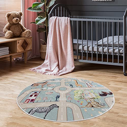 Pasha Home Kinderteppich 100 cm Rund Zoo/Kinder Spielteppiche aus Polyester- & Flanellfasern/Teppiche fürs Kinderzimmer antirutsch & schmutzabweisend/Spielteppich Zoo waschbar von Pasha Home