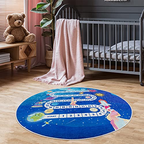 Pasha Home Kinderteppich 100 cm Rund Space Way/Kinder Spielteppiche aus Polyester- & Flanellfasern/Teppiche fürs Kinderzimmer antirutsch & schmutzabweisend/waschbarer Spiele Teppich von Pasha Home