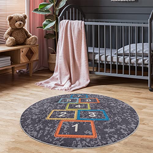 Pasha Home Kinderteppich 120 cm Rund Himmel & Hölle/Kinder Spielteppiche aus Polyester- & Flanellfasern/Teppiche fürs Kinderzimmer antirutsch & schmutzabweisend/waschbarer Spiele Teppich von Pasha Home