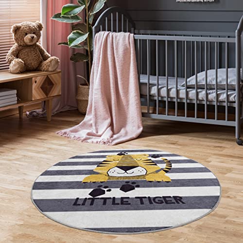 Pasha Home Kinderteppich 120 cm Rund Tiger/Kinder Spielteppiche aus Polyester- & Flanellfasern/Teppiche fürs Kinderzimmer antirutsch & schmutzabweisend/waschbarer Spiele Teppich von Pasha Home