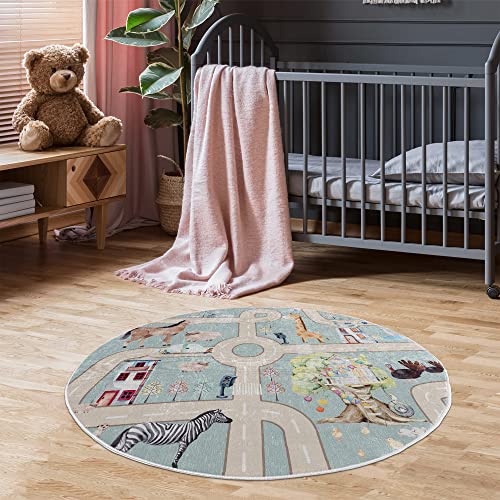 Pasha Home Kinderteppich 120 cm Rund Zoo/Kinder Spielteppiche aus Polyester- & Flanellfasern/Teppiche fürs Kinderzimmer antirutsch & schmutzabweisend/Spielteppich Zoo waschbar von Pasha Home