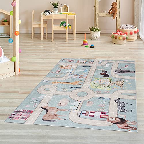 Pasha Home Kinderteppich 120x180 cm Zoo/Kinder Spielteppiche aus Polyester- & Flanellfasern/Teppiche fürs Kinderzimmer antirutsch & schmutzabweisend/Spielteppich Zoo waschbar von Pasha Home