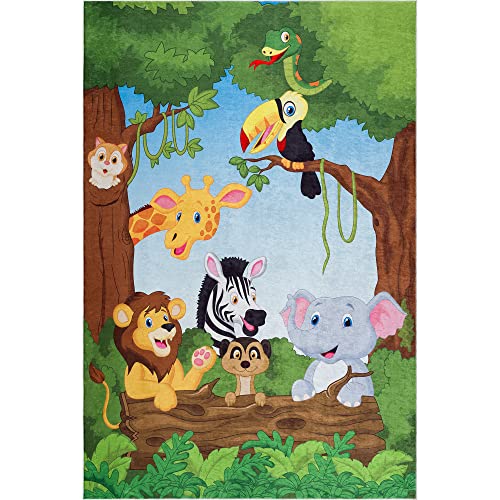 Pasha Home Kinderteppich 160x230 cm Animals/Kinder Spielteppiche aus Polyester- & Flanellfasern/Teppiche fürs Kinderzimmer antirutsch & schmutzabweisend/Spielteppich Zoo waschbar von Pasha Home