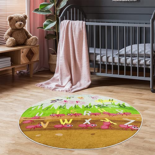 Pasha Home Kinderteppich Alphabet 100 cm Rund/ABC Kinderzimmer aus Polyester- & Flanellfasern/Teppiche fürs Kinderzimmer antirutsch & schmutzabweisend/Spielteppich mit Alphabet waschbar von Pasha Home