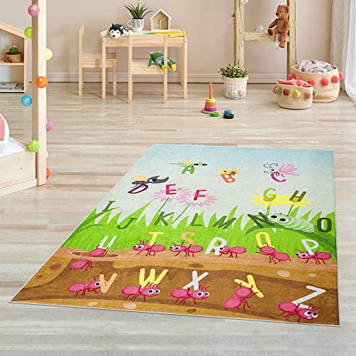 Pasha Home Kinderteppich Alphabet 120x180 cm/ABC Kinderzimmer aus Polyester- & Flanellfasern/Teppiche fürs Kinderzimmer antirutsch & schmutzabweisend/Spielteppich mit Alphabet waschbar von Pasha Home