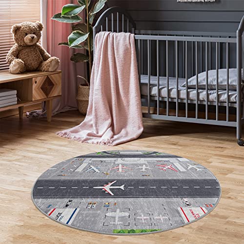 Pasha Home Kinderteppich Flughafen 120 cm Rund/Spielteppich Flughafen aus Polyester- & Flanellfasern/Teppiche fürs Kinderzimmer antirutsch & schmutzabweisend/Spielteppich mit Flughafen waschbar von Pasha Home