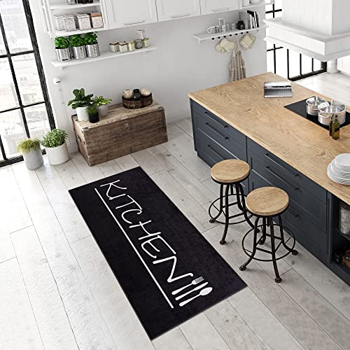 Pasha Home Küchenteppich 80x150 cm Kitchen schwarz/Küchenläufer waschbar bei 30°C/Küchenläufer rutschfest und pflegeleicht/Teppich für Küche, Flur, Schlaf- oder Wohnzimmer von Pasha Home