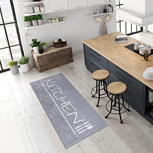 Pasha Home Küchenteppich 80x200 cm Kitchen grau/Küchenläufer waschbar bei 30°C/Küchenläufer rutschfest und pflegeleicht/Teppich für Küche, Flur, Schlaf- oder Wohnzimmer von Pasha Home