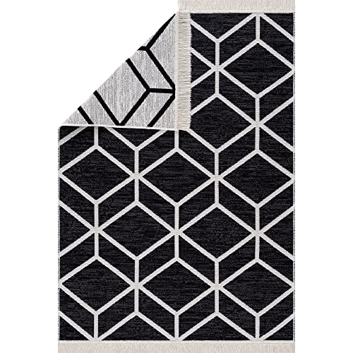 Pasha Home Läufer 160x230 cm Bern/Boho Teppich aus Baumwolle für Wohnzimmer, Schlafzimmer, Küche, Bad, Kinderzimmer/Boho Style Wendbar/Schwarz Weiß von Pasha Home