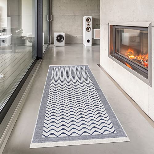Pasha Home Teppich Läufer 80x200 cm Oslo/Boho Teppich aus Baumwolle/Teppich für Wohnzimmer, Schlafzimmer, Küche, Bad, Kinderzimmer/Teppich Boho Style wendbar/Teppich Läufer grau-blau von Pasha Home