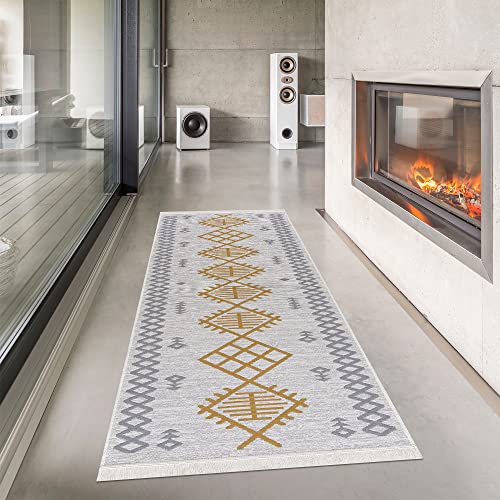 Pasha Home Teppich Läufer 80x300 cm Prag/Boho Teppich aus Baumwolle/Teppich für Wohnzimmer, Schlafzimmer, Küche, Bad, Kinderzimmer/Teppich Boho Style wendbar/Teppich Läufer senfgelb-grau von Pasha Home