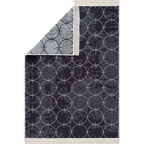 Pasha Home Teppich Läufer 60x120 cm Londra/Boho Teppich aus Baumwolle/Teppich für Wohnzimmer, Schlafzimmer, Küche, Bad, Kinderzimmer/Teppich Boho Style wendbar/Teppich Läufer grau-Navy blau von Pasha Home